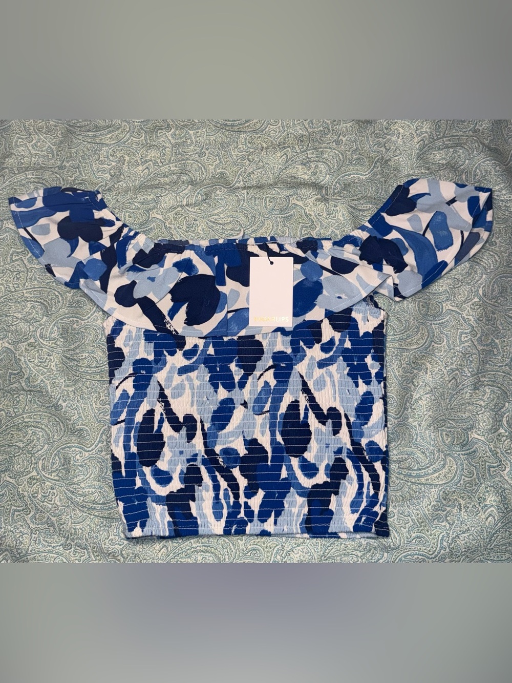 Sugar Lips Sugar Lips Gypsum Berry Floral Smocked off the shoulder Top - NWT